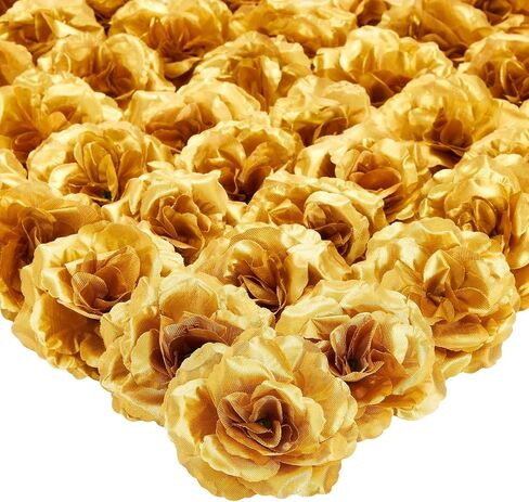 Bright Creations 50 Pack Gold Roses Artificial Flowers Bulk, 3 Inch Stemless Fake Silk Roses for Decorations, Wedding, Faux Bouquets in Kuwait