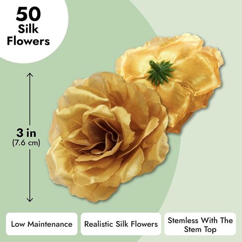 Bright Creations 50 Pack Gold Roses Artificial Flowers Bulk, 3 Inch Stemless Fake Silk Roses for Decorations, Wedding, Faux Bouquets in Kuwait