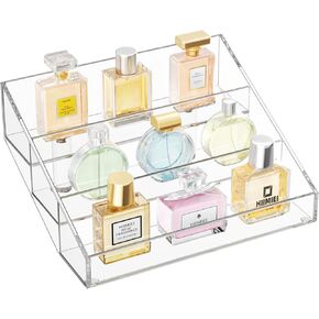 هايميي منظم عطور، حامل عطور 10 انش، عرض عطور من 3 طبقات، رف رفع اكريليك شفاف للعطور والكب كيك والاحجار الكريمة والكوريو وتماثيل الانيمي ومنتجات العناية بالبشرة (عبوتان) in Kuwait