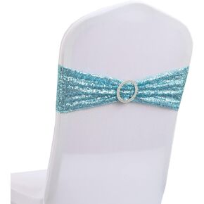 10pcs Sequin Spandex Strech One-Sided Chair Bands Chair Sashes Front Side Wedding Party Event Decoration (10, Aqua)