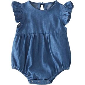 Baby Girl Loose Fit Chambray Romper Toddler Ruffle Sleeve Bodysuit Soft Cotton Denim Look One-Piece Outfit in Kuwait