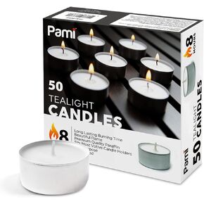 PAMI Premium Long-Lasting with 8 Hours Burning Time Tealight Candles [50-Pack] - Unscented Tea Candles- Paraffin Tealights with Beautiful Flame- Round Candles Perfect for Votive Candle Holders