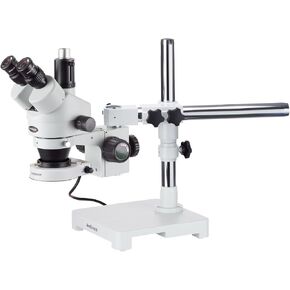 AmScope SM-3T-80S Professional Trinocular Stereo Zoom Microscope, WH10x Eyepieces, 7X-45X Magnification, 0.7X-4.5X Zoom Objective, 80-Bulb LED Ring Light, Single-Arm Boom Stand, 90V-265V in Saudi Arabia