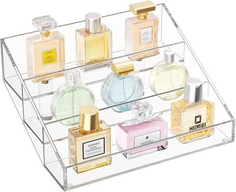 هايميي منظم عطور، حامل عطور 10 انش، عرض عطور من 3 طبقات، رف رفع اكريليك شفاف للعطور والكب كيك والاحجار الكريمة والكوريو وتماثيل الانيمي ومنتجات العناية بالبشرة (عبوتان) in Kuwait