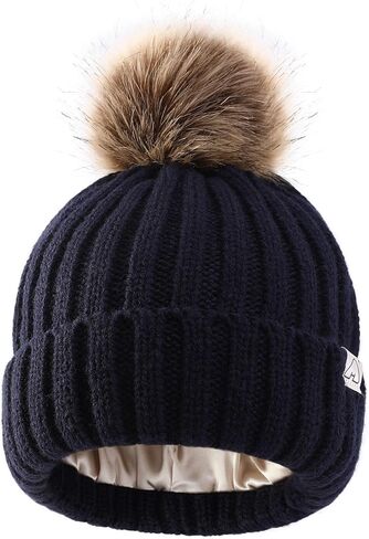Hat Hut Toddler Beanie Satin Lined Beanie for Baby Winter Hats for Kids Pom Pom Beanie for Boys Girls in Saudi Arabia