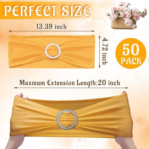 NDSWKR 50 قطعة من أوشاح الكراسي المصنوعة من الألياف اللدنة الذهبية، أربطة كرسي قابلة للتمدد مع منزلق بإبزيم، أربطة غطاء كرسي مرنة عالمية لتزيين حفلات الزفاف وحفلات الاستقبال والولائم in Kuwait