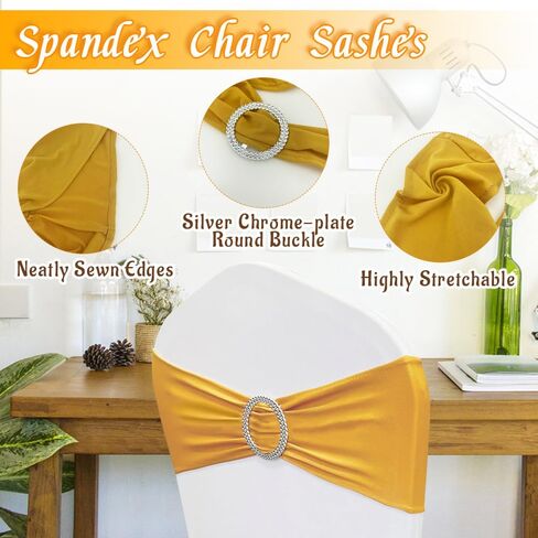 NDSWKR 50 قطعة من أوشاح الكراسي المصنوعة من الألياف اللدنة الذهبية، أربطة كرسي قابلة للتمدد مع منزلق بإبزيم، أربطة غطاء كرسي مرنة عالمية لتزيين حفلات الزفاف وحفلات الاستقبال والولائم in Kuwait