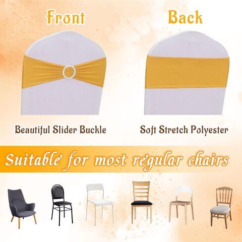NDSWKR 50 قطعة من أوشاح الكراسي المصنوعة من الألياف اللدنة الذهبية، أربطة كرسي قابلة للتمدد مع منزلق بإبزيم، أربطة غطاء كرسي مرنة عالمية لتزيين حفلات الزفاف وحفلات الاستقبال والولائم in Kuwait