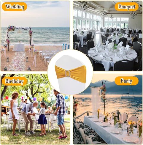 NDSWKR 50 قطعة من أوشاح الكراسي المصنوعة من الألياف اللدنة الذهبية، أربطة كرسي قابلة للتمدد مع منزلق بإبزيم، أربطة غطاء كرسي مرنة عالمية لتزيين حفلات الزفاف وحفلات الاستقبال والولائم in Kuwait