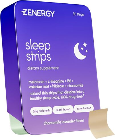 ZENERGY Sleep Oral Strips - Chamomile Lavender Flavor | 5mg Melatonin + 20mg L-Theanine + 100% Vitamin B6 + Botanicals | 0 Sugar, 0 Calories, 0 Gluten, Vegan, Instant Action | 1 Tin = 30 Strips in Saudi Arabia