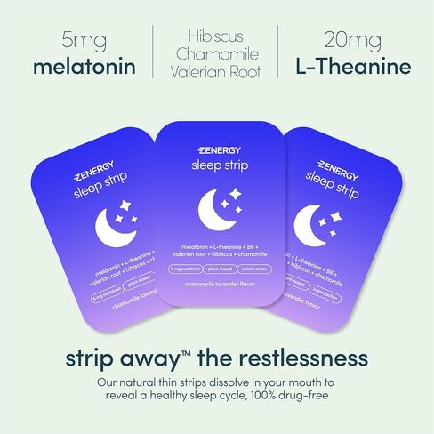 ZENERGY Sleep Oral Strips - Chamomile Lavender Flavor | 5mg Melatonin + 20mg L-Theanine + 100% Vitamin B6 + Botanicals | 0 Sugar, 0 Calories, 0 Gluten, Vegan, Instant Action | 1 Tin = 30 Strips in Saudi Arabia