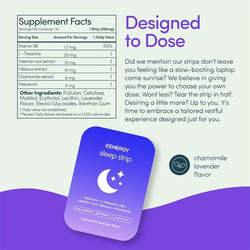 ZENERGY Sleep Oral Strips - Chamomile Lavender Flavor | 5mg Melatonin + 20mg L-Theanine + 100% Vitamin B6 + Botanicals | 0 Sugar, 0 Calories, 0 Gluten, Vegan, Instant Action | 1 Tin = 30 Strips in Saudi Arabia