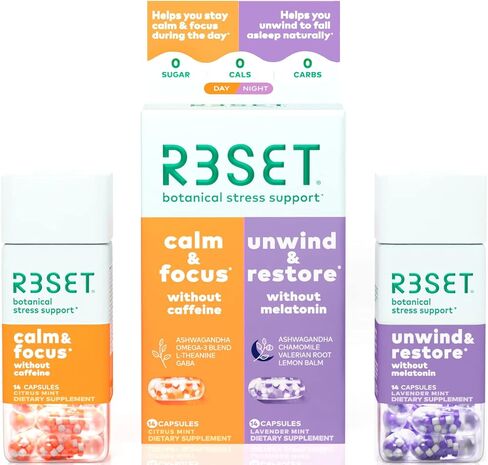 مكمل غذائي ليلي ونهاري من ار 3 سيت، مكمل غذائي لدعم التوتر والقلق والنوم مع البابونج وفيتامين D3 واوميجا 3 وجذور فاليريان والاشواغاندا والثيانين وجابا، 28 كبسولة in Kuwait