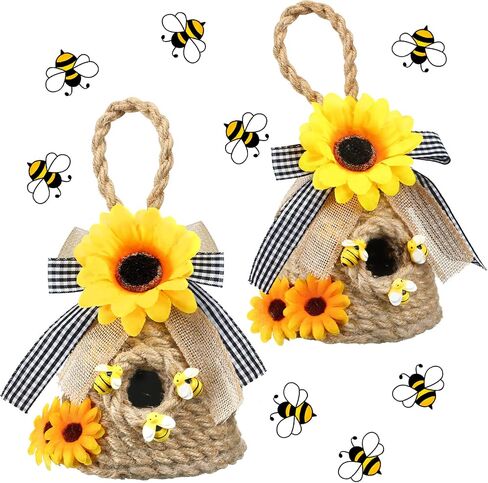 2 Pieces Mini Beehive Farmhouse Bee Hive Decor Bee Tiered Tray Decor Spring Summer Shelf Sitter Bee Kitchen Decor with Sunflower Bee Home Decor Decorative Honey Bee Decorations for Home Shelf Decor in Saudi Arabia
