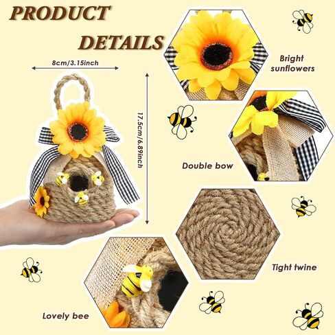 2 Pieces Mini Beehive Farmhouse Bee Hive Decor Bee Tiered Tray Decor Spring Summer Shelf Sitter Bee Kitchen Decor with Sunflower Bee Home Decor Decorative Honey Bee Decorations for Home Shelf Decor in Saudi Arabia