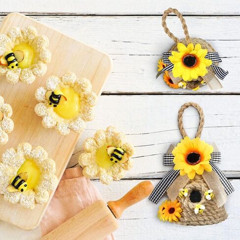 2 Pieces Mini Beehive Farmhouse Bee Hive Decor Bee Tiered Tray Decor Spring Summer Shelf Sitter Bee Kitchen Decor with Sunflower Bee Home Decor Decorative Honey Bee Decorations for Home Shelf Decor in Saudi Arabia