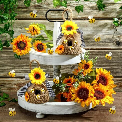 2 Pieces Mini Beehive Farmhouse Bee Hive Decor Bee Tiered Tray Decor Spring Summer Shelf Sitter Bee Kitchen Decor with Sunflower Bee Home Decor Decorative Honey Bee Decorations for Home Shelf Decor in Saudi Arabia