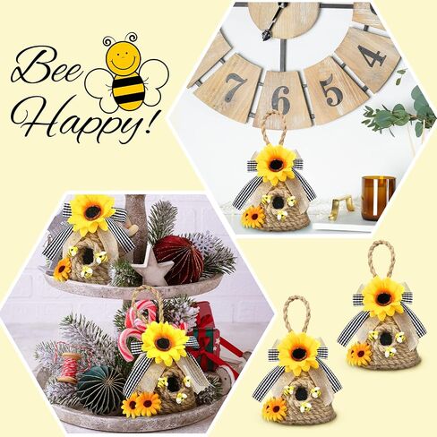 2 Pieces Mini Beehive Farmhouse Bee Hive Decor Bee Tiered Tray Decor Spring Summer Shelf Sitter Bee Kitchen Decor with Sunflower Bee Home Decor Decorative Honey Bee Decorations for Home Shelf Decor in Saudi Arabia