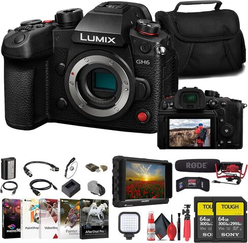 كاميرا باناسونيك لوميكس GH6 بدون مرآة (DC-GH6BODY) + شاشة 4K + Rode VideoMic + بطاقة SD قوية سعة 64 جيجابايت من سوني + قارئ بطاقات + ضوء LED + برنامج Corel للصور + حافظة + حامل ثلاثي القوائم مرن + حزام يد + المزيد in Saudi Arabia