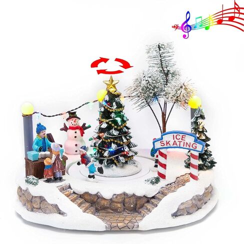 مشهد قرية الكريسماس باضاءة LED للشتاء - قرية عيد الميلاد الموسيقية المضيئة والرسوم المتحركة مع شجرة مركزية وحلبة تزلج متحركة، تعمل بالبطارية in Kuwait
