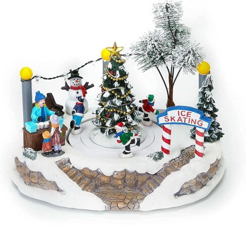 مشهد قرية الكريسماس باضاءة LED للشتاء - قرية عيد الميلاد الموسيقية المضيئة والرسوم المتحركة مع شجرة مركزية وحلبة تزلج متحركة، تعمل بالبطارية in Kuwait