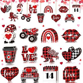 24 Pcs Valentine's Day Ornaments Wood Gnome Heart Truck Buffalo Plaid Valentine's Day Decorations Valentine's Day Ornaments Wooden Decor Valentine's Day Hanging Sign for Tree Door Fireplace Party in Kuwait