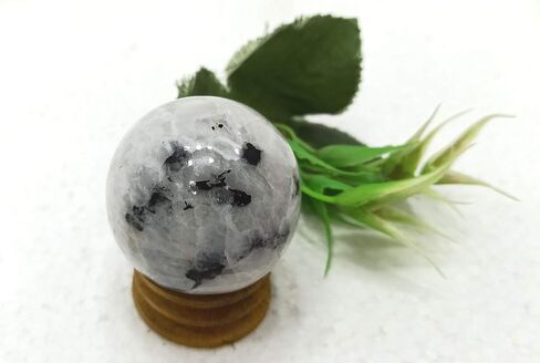 WholesaleGemShop White Rainbow Moonstone 40-45 mm Ball Sphere with Stand Gemstone A+ Hand Carved Crystal Altar Healing Devotional Focus Spiritual Chakra Cleansing Metaphysical in Kuwait
