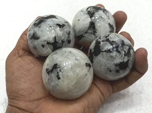 WholesaleGemShop White Rainbow Moonstone 40-45 mm Ball Sphere with Stand Gemstone A+ Hand Carved Crystal Altar Healing Devotional Focus Spiritual Chakra Cleansing Metaphysical in Kuwait