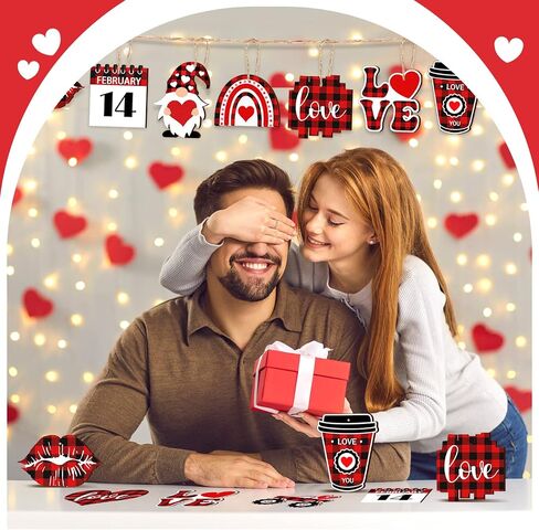 24 Pcs Valentine's Day Ornaments Wood Gnome Heart Truck Buffalo Plaid Valentine's Day Decorations Valentine's Day Ornaments Wooden Decor Valentine's Day Hanging Sign for Tree Door Fireplace Party in Kuwait
