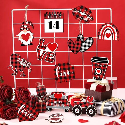 24 Pcs Valentine's Day Ornaments Wood Gnome Heart Truck Buffalo Plaid Valentine's Day Decorations Valentine's Day Ornaments Wooden Decor Valentine's Day Hanging Sign for Tree Door Fireplace Party in Kuwait