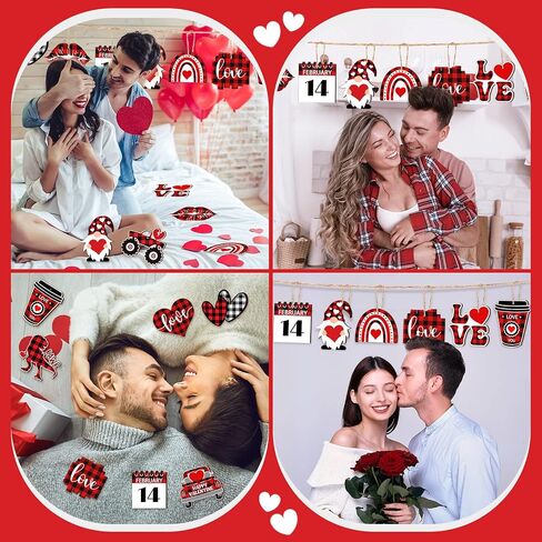 24 Pcs Valentine's Day Ornaments Wood Gnome Heart Truck Buffalo Plaid Valentine's Day Decorations Valentine's Day Ornaments Wooden Decor Valentine's Day Hanging Sign for Tree Door Fireplace Party in Kuwait
