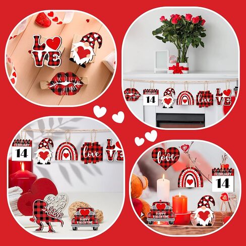 24 Pcs Valentine's Day Ornaments Wood Gnome Heart Truck Buffalo Plaid Valentine's Day Decorations Valentine's Day Ornaments Wooden Decor Valentine's Day Hanging Sign for Tree Door Fireplace Party in Kuwait