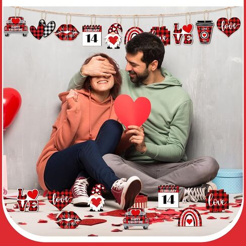 24 Pcs Valentine's Day Ornaments Wood Gnome Heart Truck Buffalo Plaid Valentine's Day Decorations Valentine's Day Ornaments Wooden Decor Valentine's Day Hanging Sign for Tree Door Fireplace Party in Kuwait