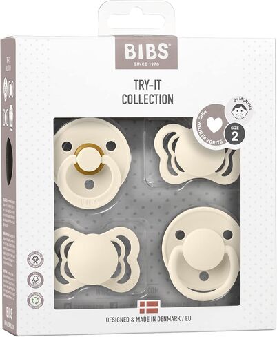 BIBS Pacifiers 6-18 Months | 4-Pack Soothers | BPA-Free Symmetrical Nipple | Made in Denmark | Ivory Try-It Collection in Saudi Arabia