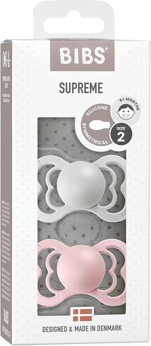BIBS Supreme Baby Pacifier 2-Pack | Made in Denmark | BPA Free Dummy Soother, Symmetrical Nipple. Silicone, Size 2 (6-18 Months), Haze / Blossom in Saudi Arabia