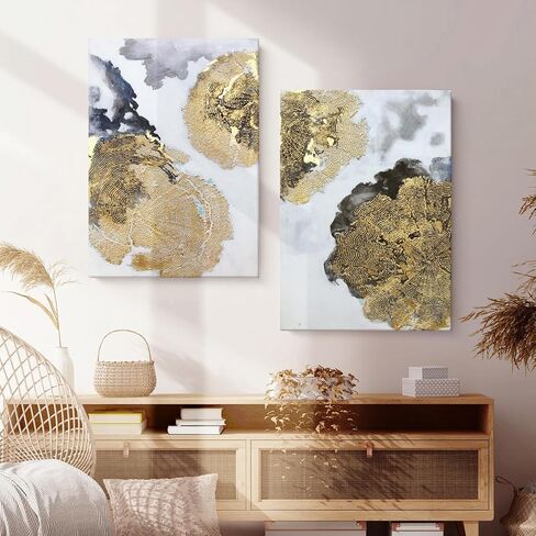 لوحة فنية جدارية تجريدية ذهبية 100% مرسومة يدويا من قطعتين، لوحة زيتية كبيرة ثلاثية الابعاد مزخرفة على شكل اوراق ذهبية لديكور المنزل وغرفة النوم والمطبخ وغرفة المعيشة والمكتب in Kuwait