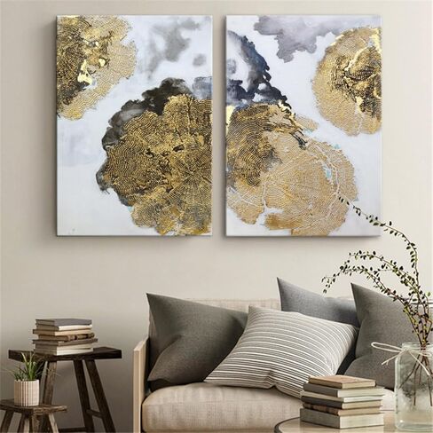 لوحة فنية جدارية تجريدية ذهبية 100% مرسومة يدويا من قطعتين، لوحة زيتية كبيرة ثلاثية الابعاد مزخرفة على شكل اوراق ذهبية لديكور المنزل وغرفة النوم والمطبخ وغرفة المعيشة والمكتب in Kuwait