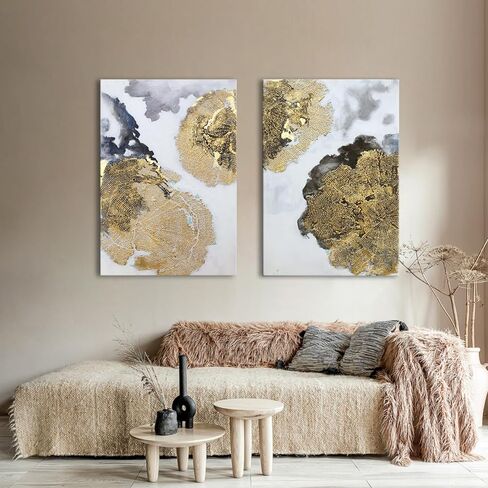 لوحة فنية جدارية تجريدية ذهبية 100% مرسومة يدويا من قطعتين، لوحة زيتية كبيرة ثلاثية الابعاد مزخرفة على شكل اوراق ذهبية لديكور المنزل وغرفة النوم والمطبخ وغرفة المعيشة والمكتب in Kuwait