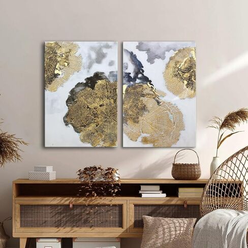 لوحة فنية جدارية تجريدية ذهبية 100% مرسومة يدويا من قطعتين، لوحة زيتية كبيرة ثلاثية الابعاد مزخرفة على شكل اوراق ذهبية لديكور المنزل وغرفة النوم والمطبخ وغرفة المعيشة والمكتب in Kuwait