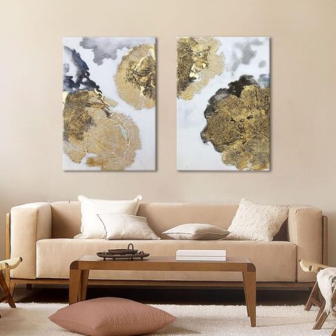 لوحة فنية جدارية تجريدية ذهبية 100% مرسومة يدويا من قطعتين، لوحة زيتية كبيرة ثلاثية الابعاد مزخرفة على شكل اوراق ذهبية لديكور المنزل وغرفة النوم والمطبخ وغرفة المعيشة والمكتب in Kuwait