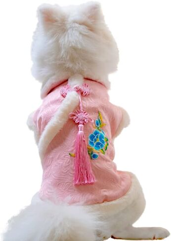 NACOCO Dog Tang Costume Blessing Pet Winter Coat Happy New Year Clothes Qipao Dresses Cat Peony Design Clothes for Schnauzer Teddy French Bulldog (Red Blessing, XS) in Saudi Arabia