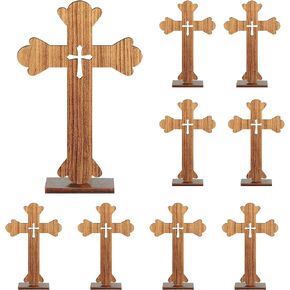 Amyhill 10 Pcs Wood Cross Catholic Wooden Crosses Set Baptism Centerpieces for Tables Rustic Wood Standing Cross for Crafts with 10 Bases for Communion Decor, 5.51 x 7.8 Inches (Brown)
