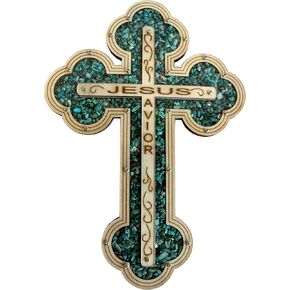 Engraved Wall Cross from Bethlehem filled with semi precious stones from the Holy Land with Stones card - Fish style (5 Inches) in Kuwait