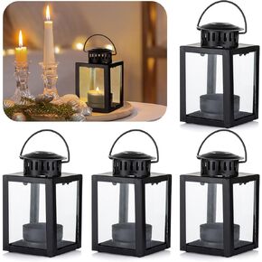 Staymoment Black Lanterns Decorative Set of 2, Small Indoor Glass Candle Holder Table Centerpiece with Metal Frame for Christmas Wedding Halloween, 3.9" Hanging Home Candleholders Decor in Kuwait