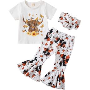 ملابس أطفال بناتي من GRNSHTS ملابس علوية مطبوعة بحروف للفتيات الصغيرات + سراويل سفلية على شكل جرس زهري + رباط رأس 3 قطعة ملابس صيفية in Kuwait