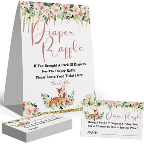 لافتة يانصيب الحفاضات، تذكرة إدراج لحيوانات الغابات والغزلان الوردي الوردي، مجموعة ديكورات لعبة استحمام الطفل (لافتة واحدة + 50 بطاقة)، ​​إنها فتاة in Kuwait