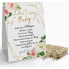 لافتة ألعاب Don't Say Baby clothespin (علامة واحدة + 50 دبوس ملابس صغير)، ألعاب استحمام الطفل بالورود الذهبية والوردية، ديكور حمام الطفل، حمام طفل محايد للجنسين - (2A) in Kuwait