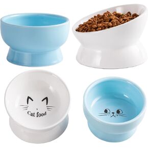 أوعية القطط المرتفعة من السيراميك من أومايكي، أوعية طعام ومياه مرتفعة مائلة للقطط، من البورسلين لحماية أطباق العمود الفقري للحيوانات الأليفة للقطط والكلاب الصغيرة والقطط، أبيض وأزرق، مجموعة من 4 قطع in Kuwait