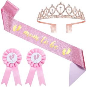 ريموولي مجموعة زينة حفلات استقبال المولود الجديد مكونة من 4 قطع من وشاح وتاج بلون زهري مطبوع عليه عبارة «Mom to Be » «Mom to Be»، تاج لامع لحفلات استقبال المولود الجديد، تاج لامع للأم والأب ليكون وزر in Kuwait