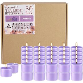 50 Pack Bulk Lavender Scented Tealight Candles in Clear Cup, Purple Wax Votive Candle for Birthdays Weddings Churches Anniversaries & More（8 Hour）